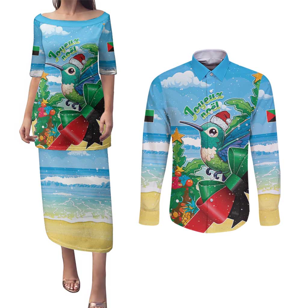 Martinique Christmas Couples Matching Puletasi and Long Sleeve Button Shirt Santa Hummingbird - Wonder Print Shop