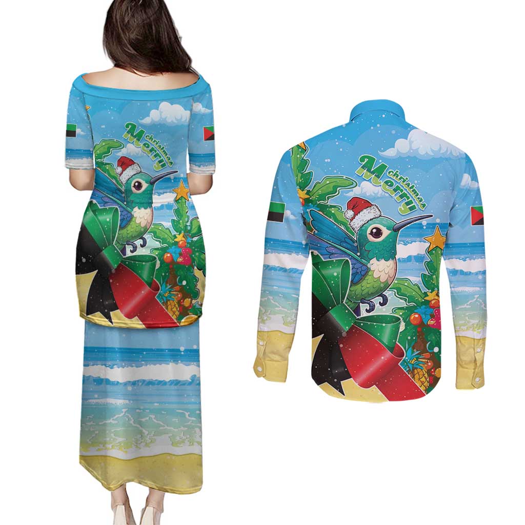 Martinique Christmas Couples Matching Puletasi and Long Sleeve Button Shirt Santa Hummingbird - Wonder Print Shop