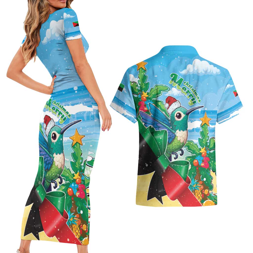 Martinique Christmas Couples Matching Short Sleeve Bodycon Dress and Hawaiian Shirt Santa Hummingbird - Wonder Print Shop