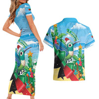 Martinique Christmas Couples Matching Short Sleeve Bodycon Dress and Hawaiian Shirt Santa Hummingbird - Wonder Print Shop