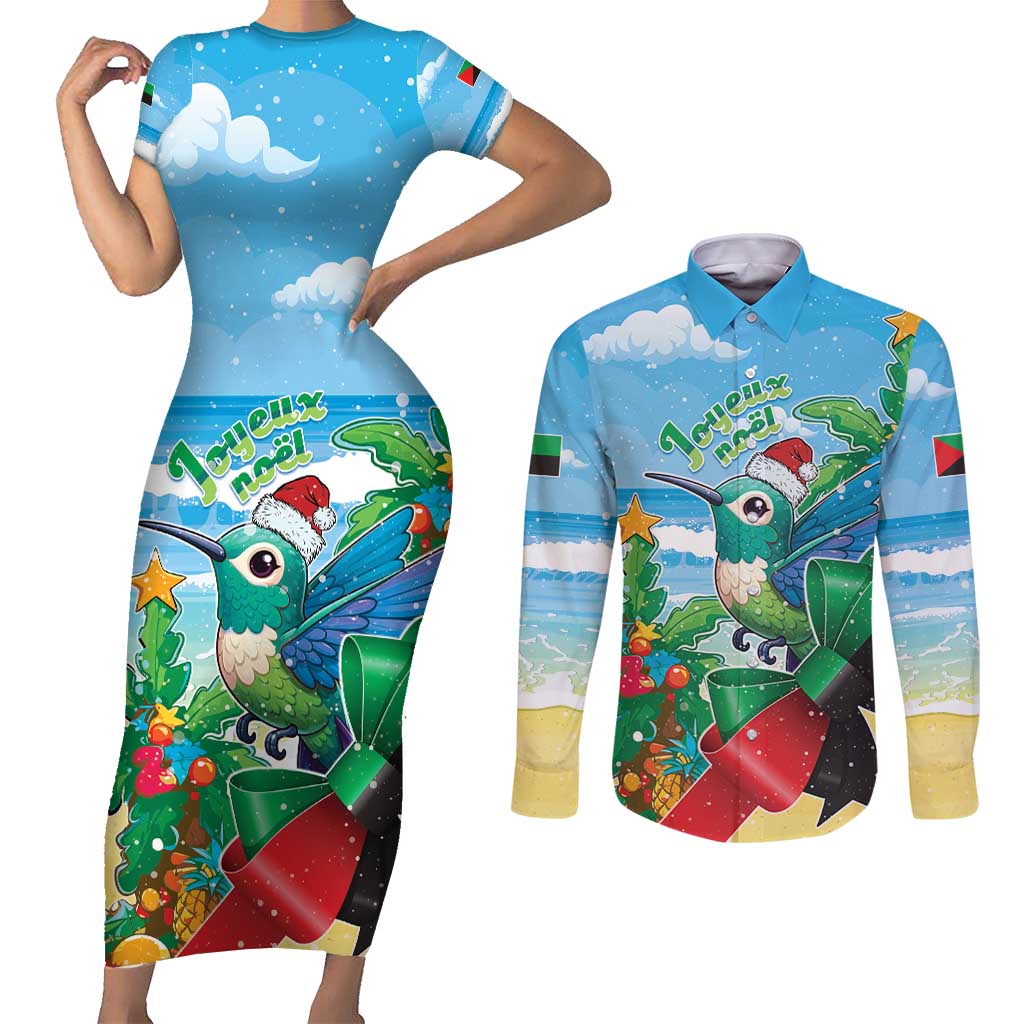 Martinique Christmas Couples Matching Short Sleeve Bodycon Dress and Long Sleeve Button Shirt Santa Hummingbird - Wonder Print Shop