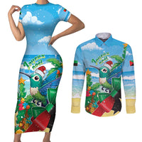 Martinique Christmas Couples Matching Short Sleeve Bodycon Dress and Long Sleeve Button Shirt Santa Hummingbird - Wonder Print Shop