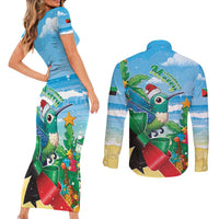 Martinique Christmas Couples Matching Short Sleeve Bodycon Dress and Long Sleeve Button Shirt Santa Hummingbird - Wonder Print Shop