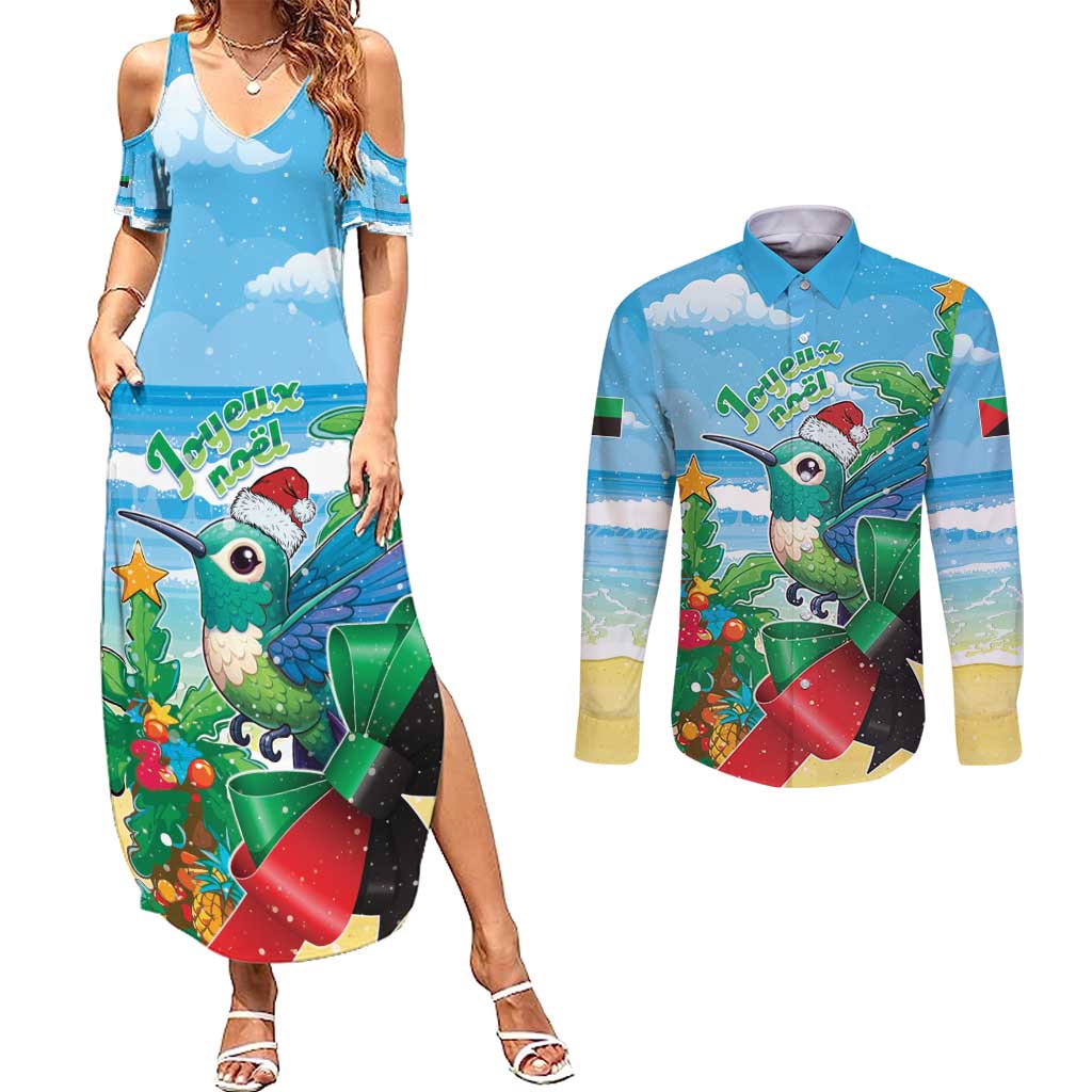 Martinique Christmas Couples Matching Summer Maxi Dress and Long Sleeve Button Shirt Santa Hummingbird - Wonder Print Shop