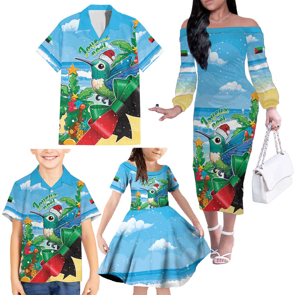 Martinique Christmas Family Matching Off The Shoulder Long Sleeve Dress and Hawaiian Shirt Santa Hummingbird - Wonder Print Shop