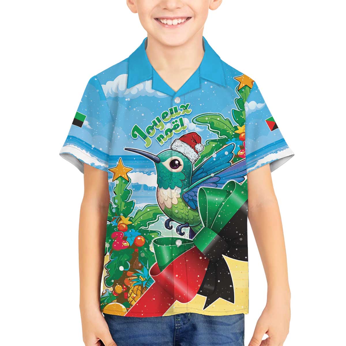 Martinique Christmas Family Matching Off The Shoulder Long Sleeve Dress and Hawaiian Shirt Santa Hummingbird - Wonder Print Shop