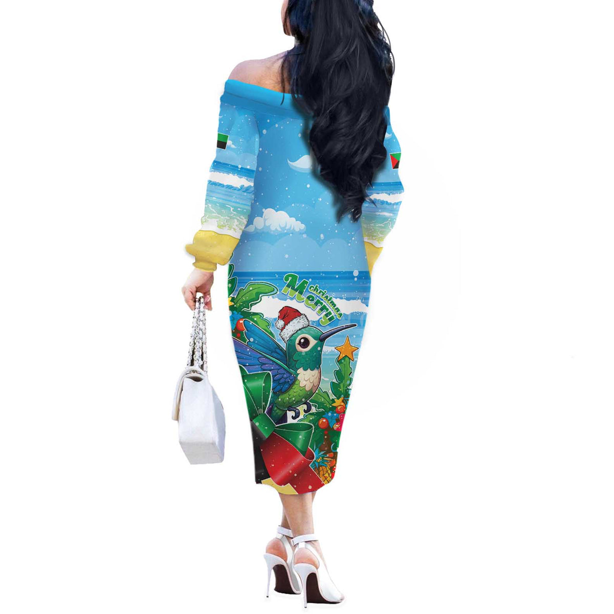 Martinique Christmas Off The Shoulder Long Sleeve Dress Santa Hummingbird - Wonder Print Shop