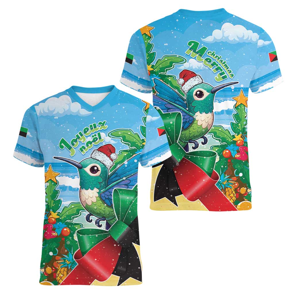 Martinique Christmas Women V-Neck T-Shirt Santa Hummingbird - Wonder Print Shop