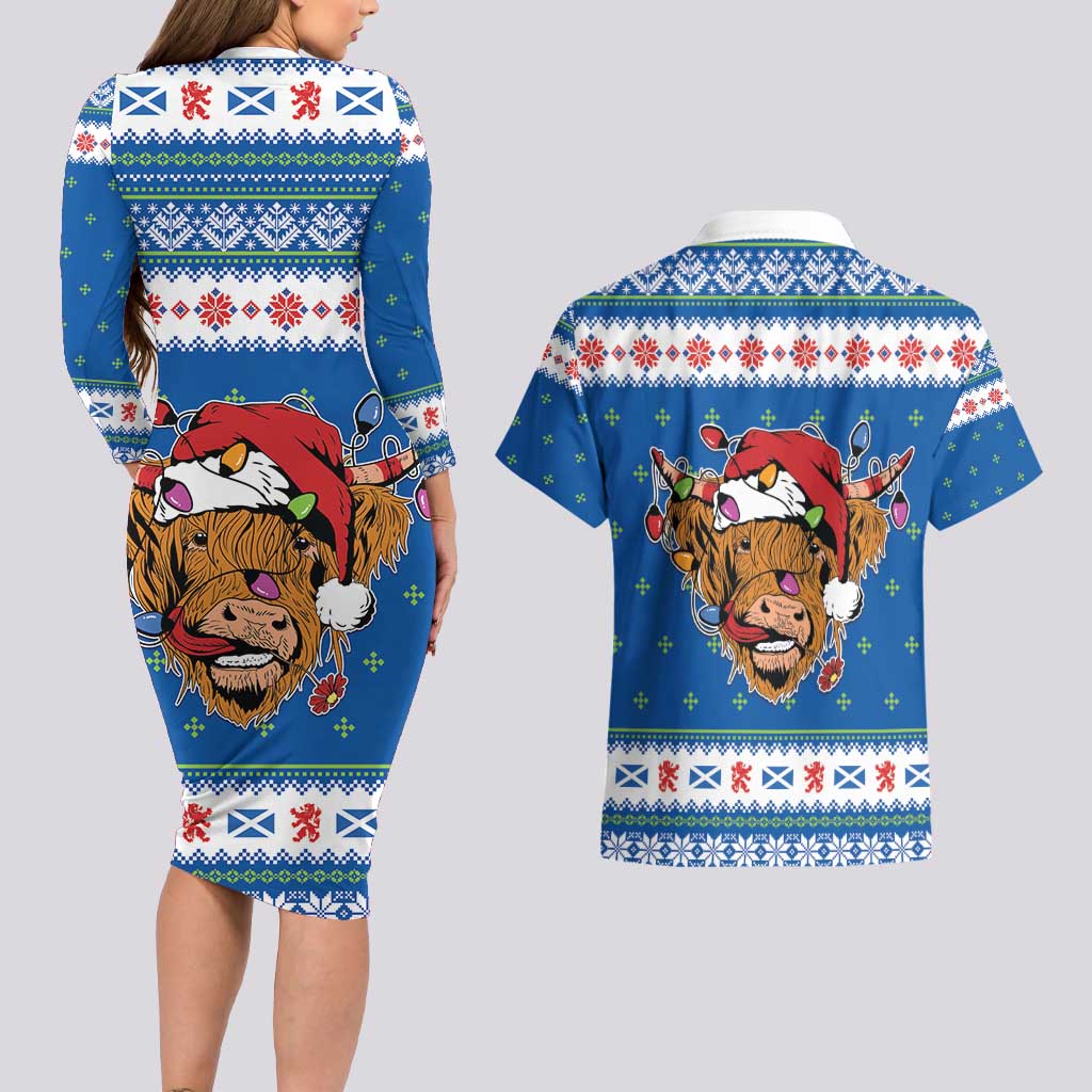 Scotland Christmas Couples Matching Long Sleeve Bodycon Dress and Hawaiian Shirt Mooey Xmas Highland Cow LT05 - Wonder Print Shop