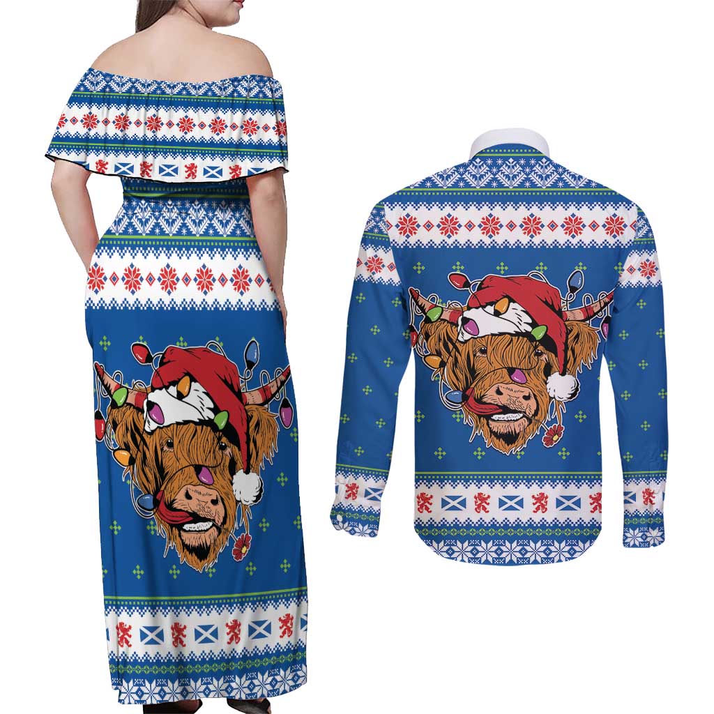 Scotland Christmas Couples Matching Off Shoulder Maxi Dress and Long Sleeve Button Shirt Mooey Xmas Highland Cow LT05 - Wonder Print Shop