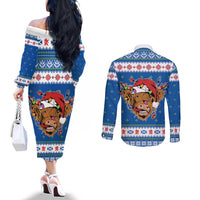 Scotland Christmas Couples Matching Off The Shoulder Long Sleeve Dress and Long Sleeve Button Shirt Mooey Xmas Highland Cow