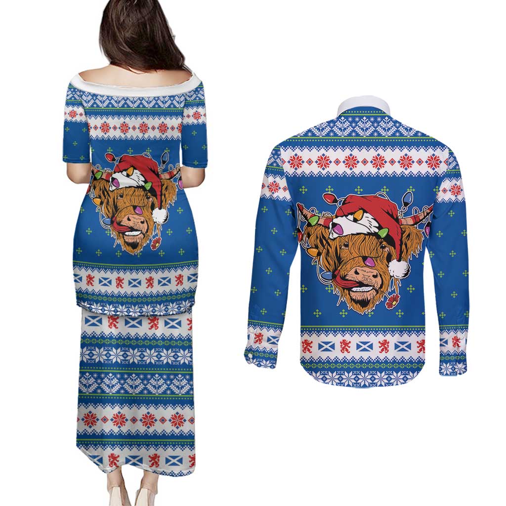 Scotland Christmas Couples Matching Puletasi and Long Sleeve Button Shirt Mooey Xmas Highland Cow LT05 - Wonder Print Shop