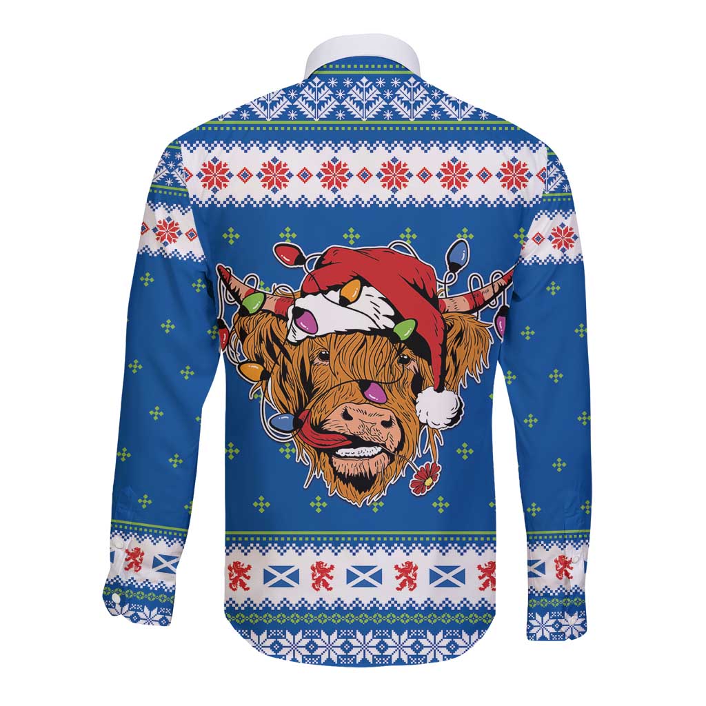 Scotland Christmas Long Sleeve Button Shirt Mooey Xmas Highland Cow LT05 - Wonder Print Shop
