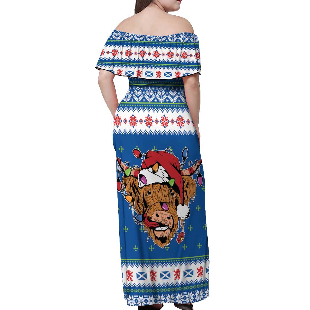 Scotland Christmas Off Shoulder Maxi Dress Mooey Xmas Highland Cow LT05 - Wonder Print Shop