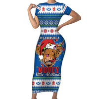 Scotland Christmas Short Sleeve Bodycon Dress Mooey Xmas Highland Cow LT05 - Wonder Print Shop