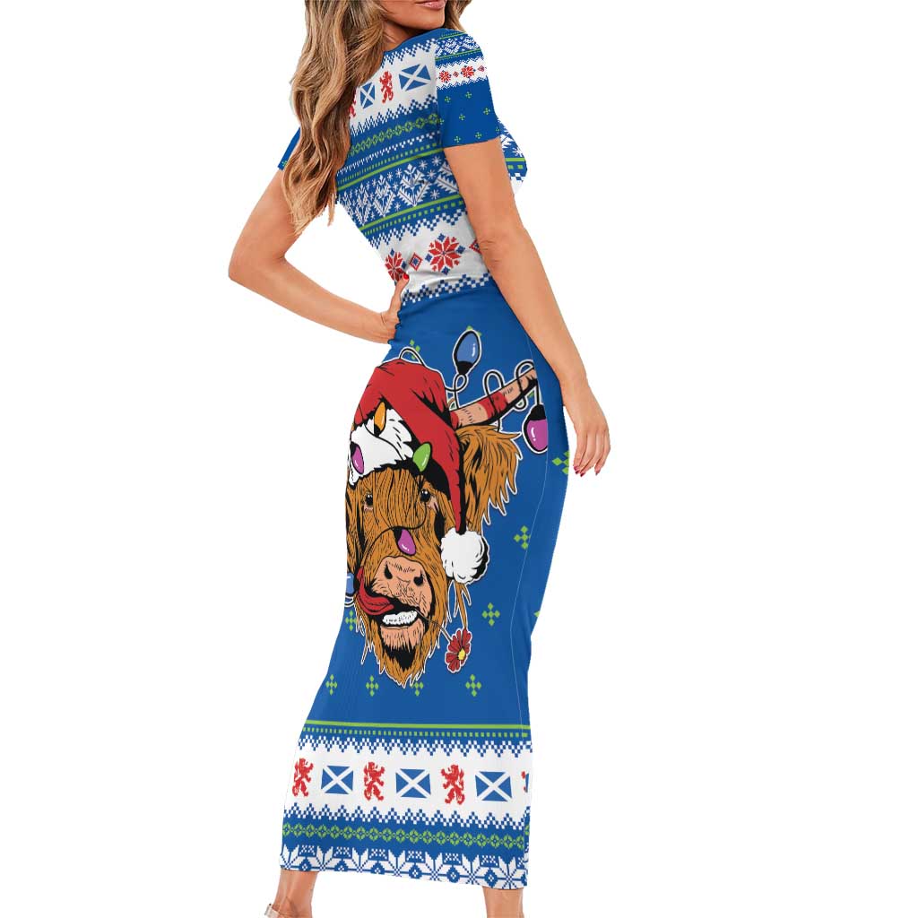 Scotland Christmas Short Sleeve Bodycon Dress Mooey Xmas Highland Cow LT05 - Wonder Print Shop