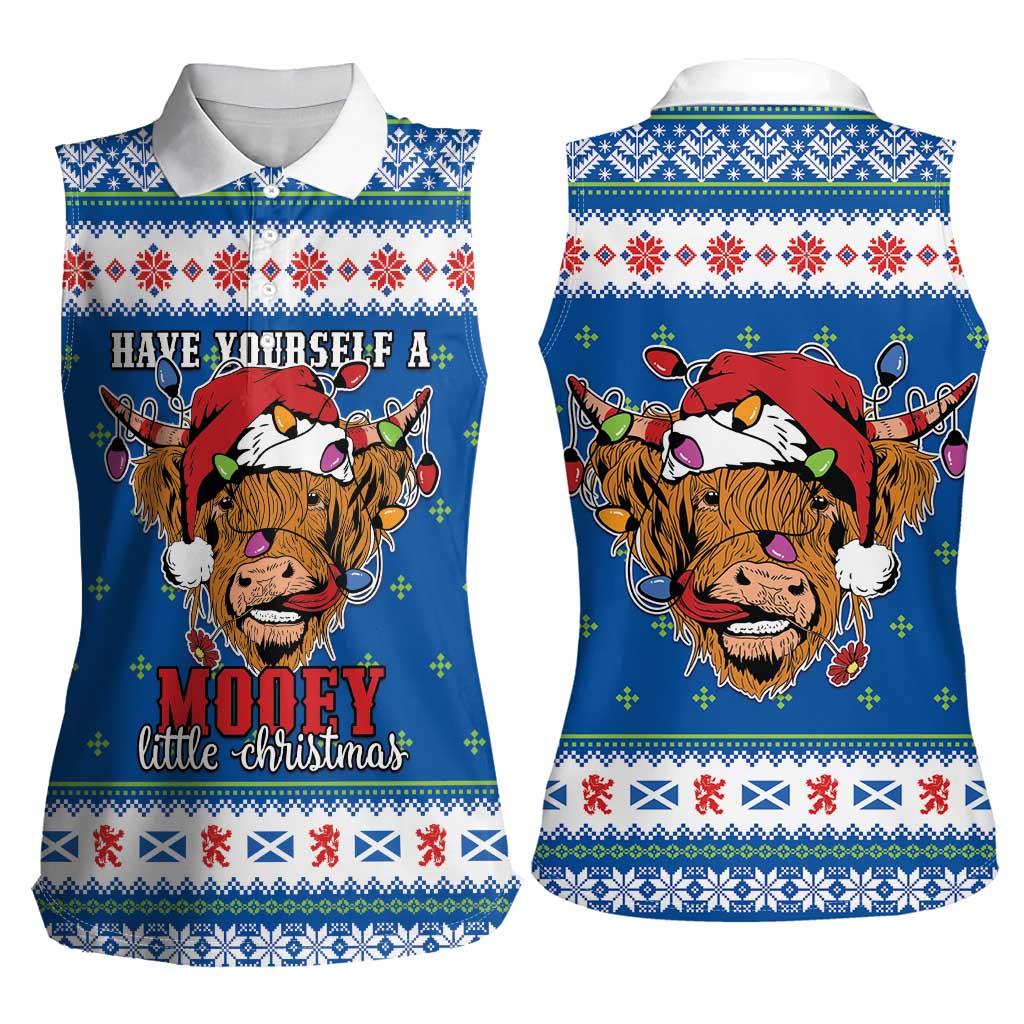 Scotland Christmas Women Sleeveless Polo Shirt Mooey Xmas Highland Cow LT05 - Wonder Print Shop