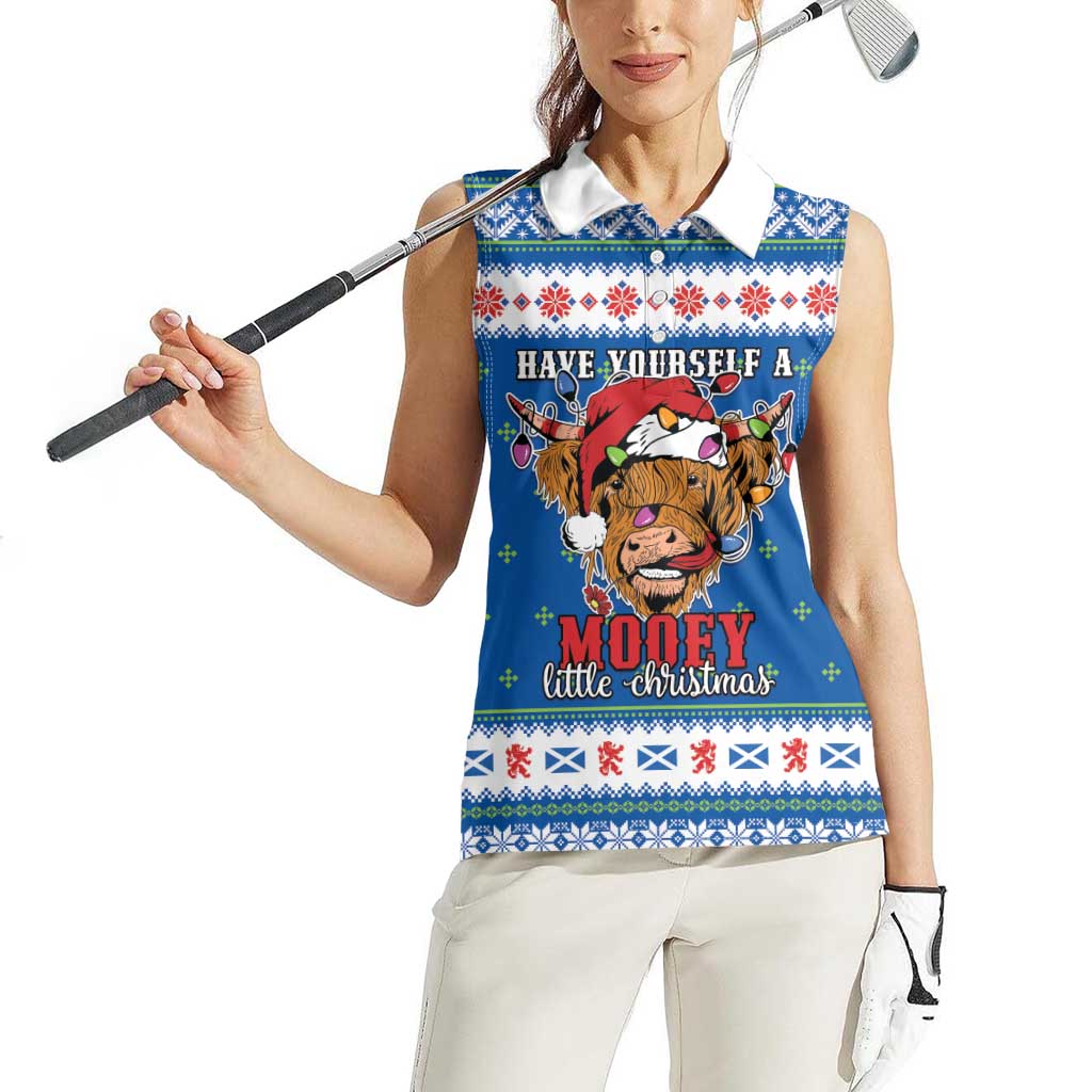 Scotland Christmas Women Sleeveless Polo Shirt Mooey Xmas Highland Cow LT05 - Wonder Print Shop