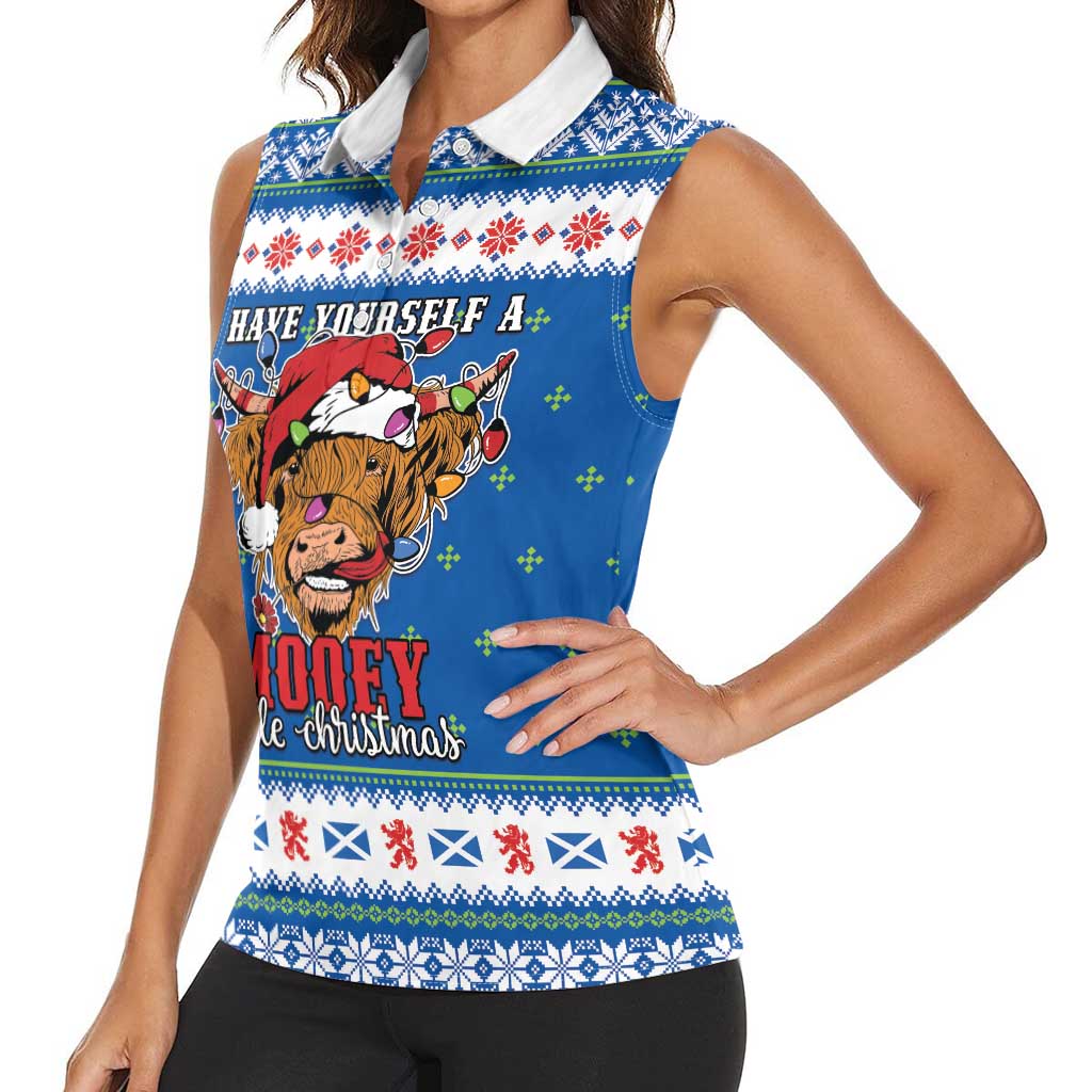 Scotland Christmas Women Sleeveless Polo Shirt Mooey Xmas Highland Cow LT05 - Wonder Print Shop