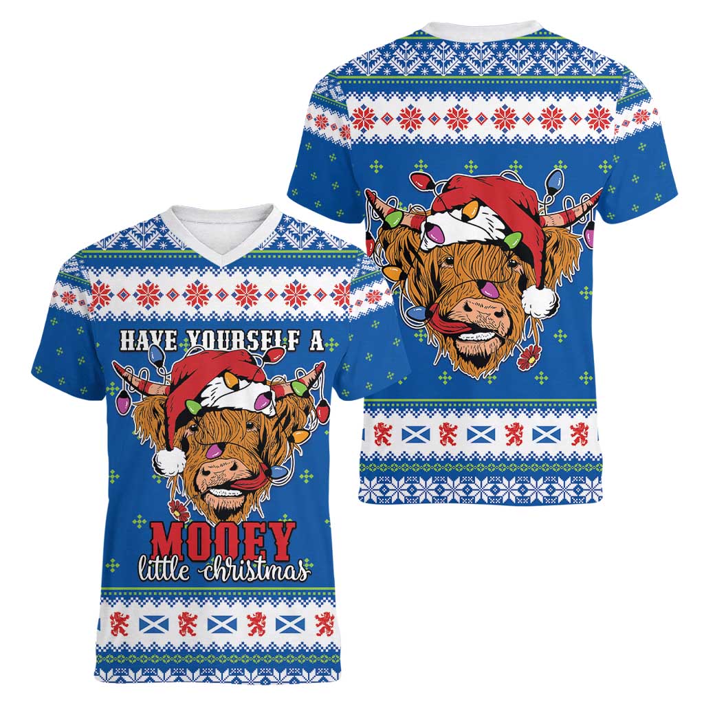 Scotland Christmas Women V-Neck T-Shirt Mooey Xmas Highland Cow LT05 - Wonder Print Shop