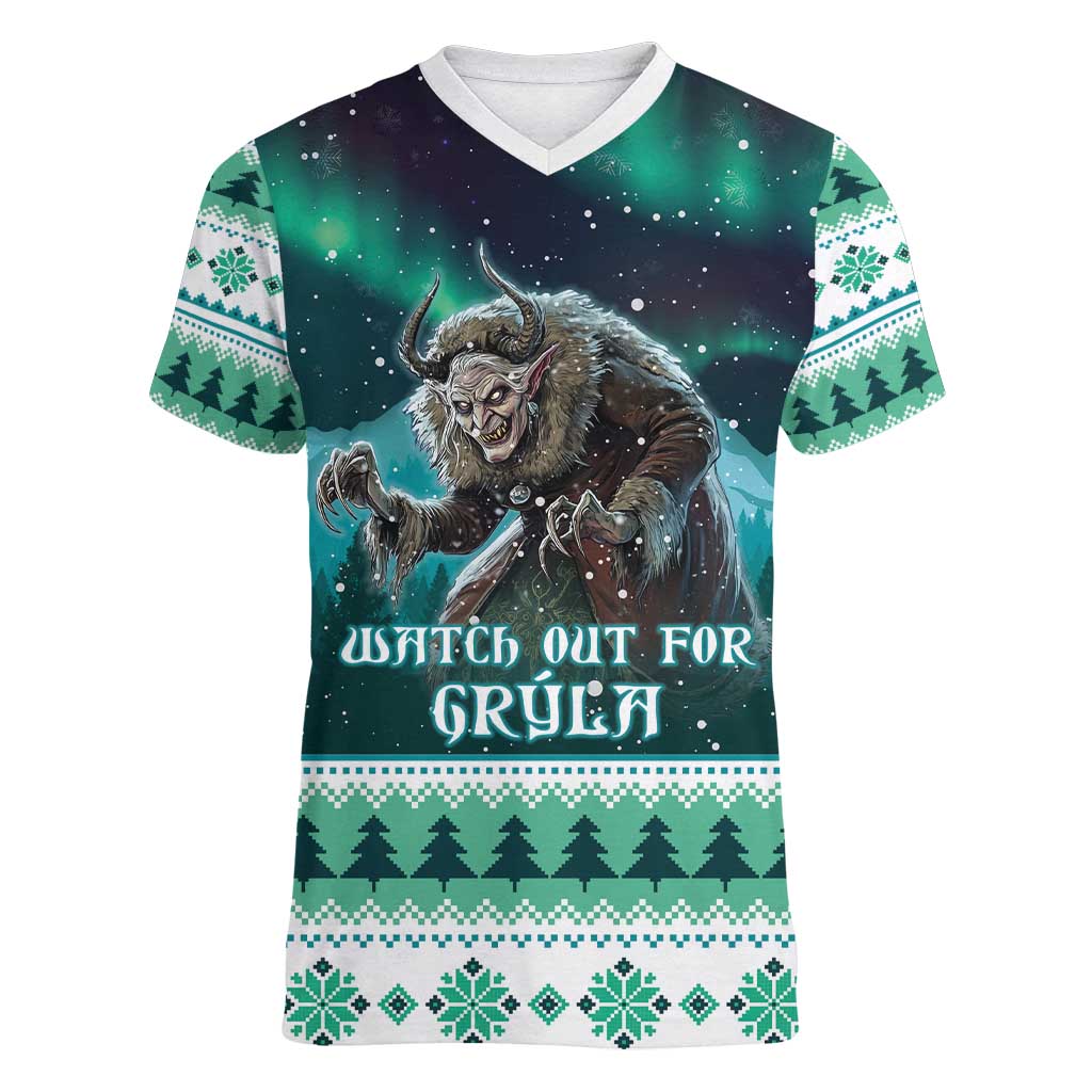 Iceland Christmas Women V-Neck T-Shirt Icelandic Folklore Evil Mother Gryla LT05 - Wonder Print Shop