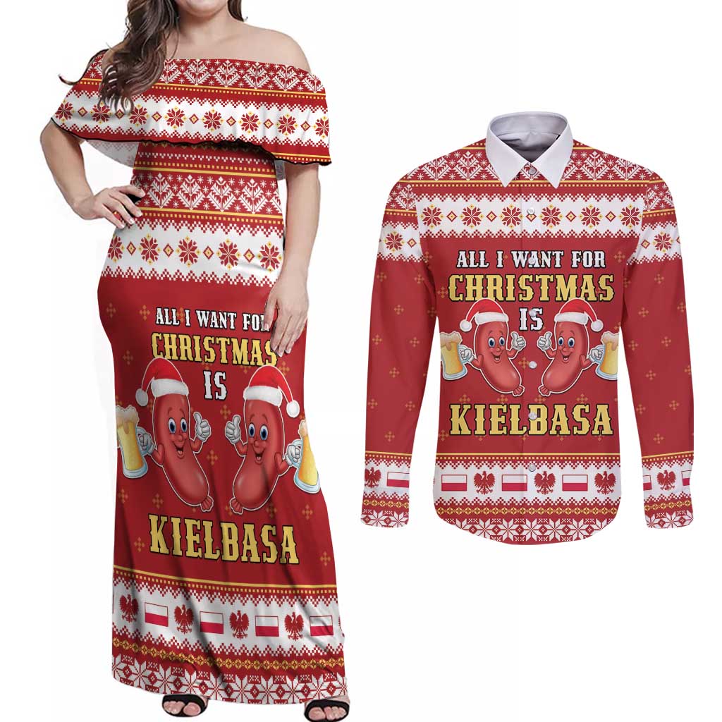 Poland Christmas Couples Matching Off Shoulder Maxi Dress and Long Sleeve Button Shirt All I Want For Xmas Is Kielbasa LT05 - Wonder Print Shop