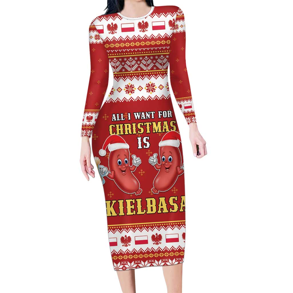 Poland Christmas Family Matching Long Sleeve Bodycon Dress and Hawaiian Shirt All I Want For Xmas Is Kielbasa LT05 - Wonder Print Shop
