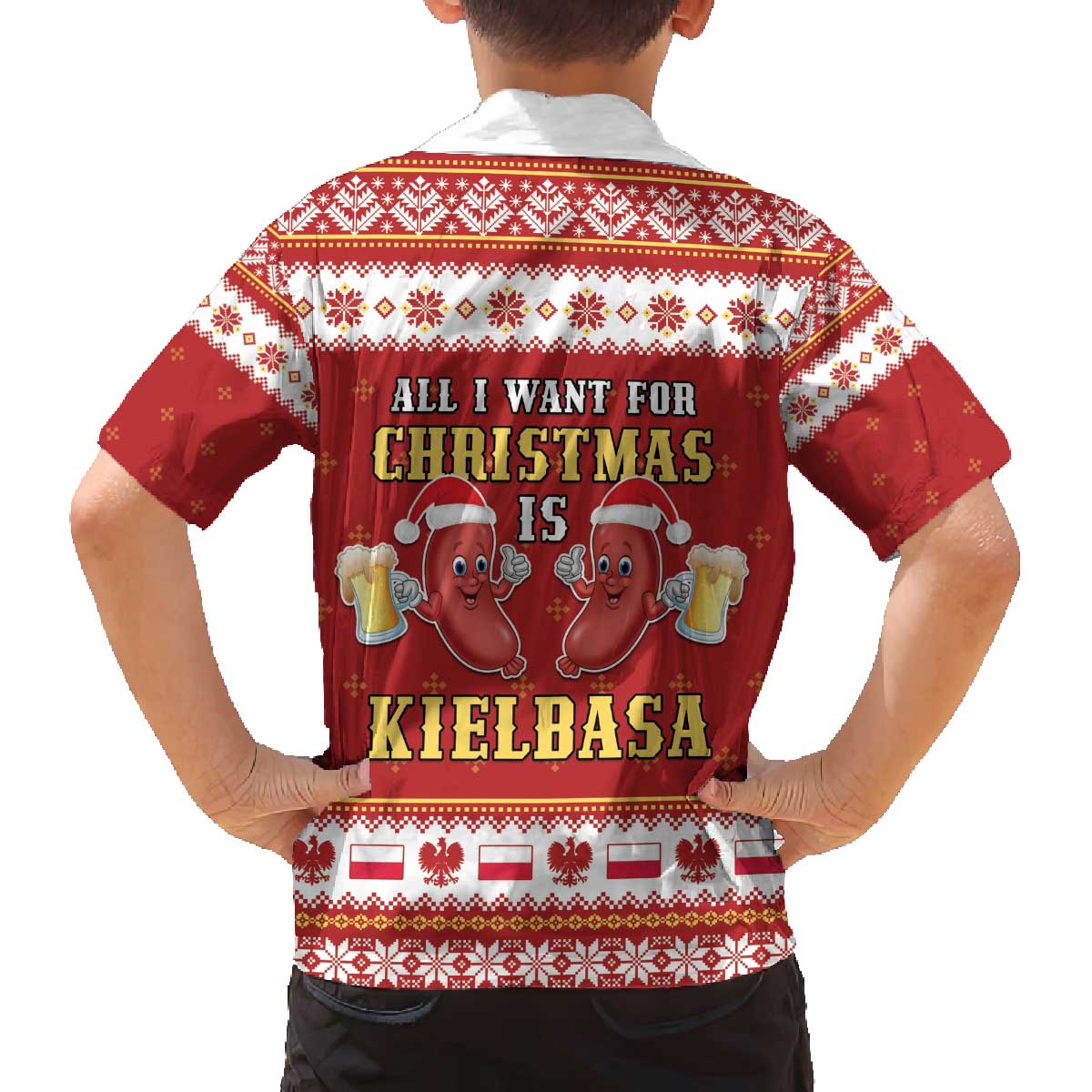 Poland Christmas Family Matching Off The Shoulder Long Sleeve Dress and Hawaiian Shirt All I Want For Xmas Is Kielbasa LT05 - Wonder Print Shop