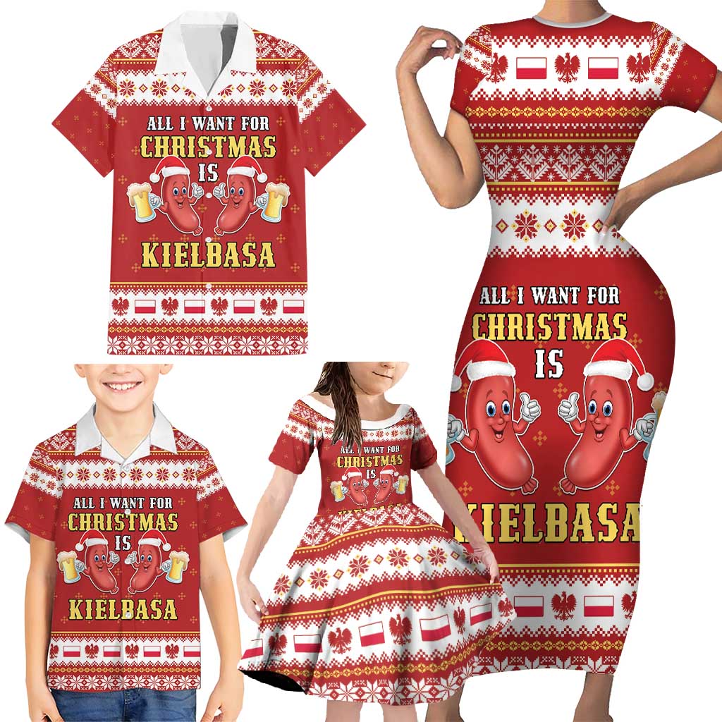 Poland Christmas Family Matching Short Sleeve Bodycon Dress and Hawaiian Shirt All I Want For Xmas Is Kielbasa LT05 - Wonder Print Shop