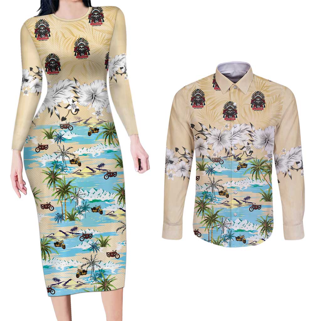 Indian Legendary Motorcycle Couples Matching Long Sleeve Bodycon Dress and Long Sleeve Button Shirt Tropical Style - Wonder Print Shop