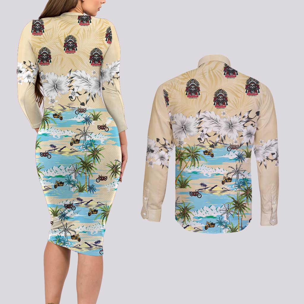 Indian Legendary Motorcycle Couples Matching Long Sleeve Bodycon Dress and Long Sleeve Button Shirt Tropical Style - Wonder Print Shop