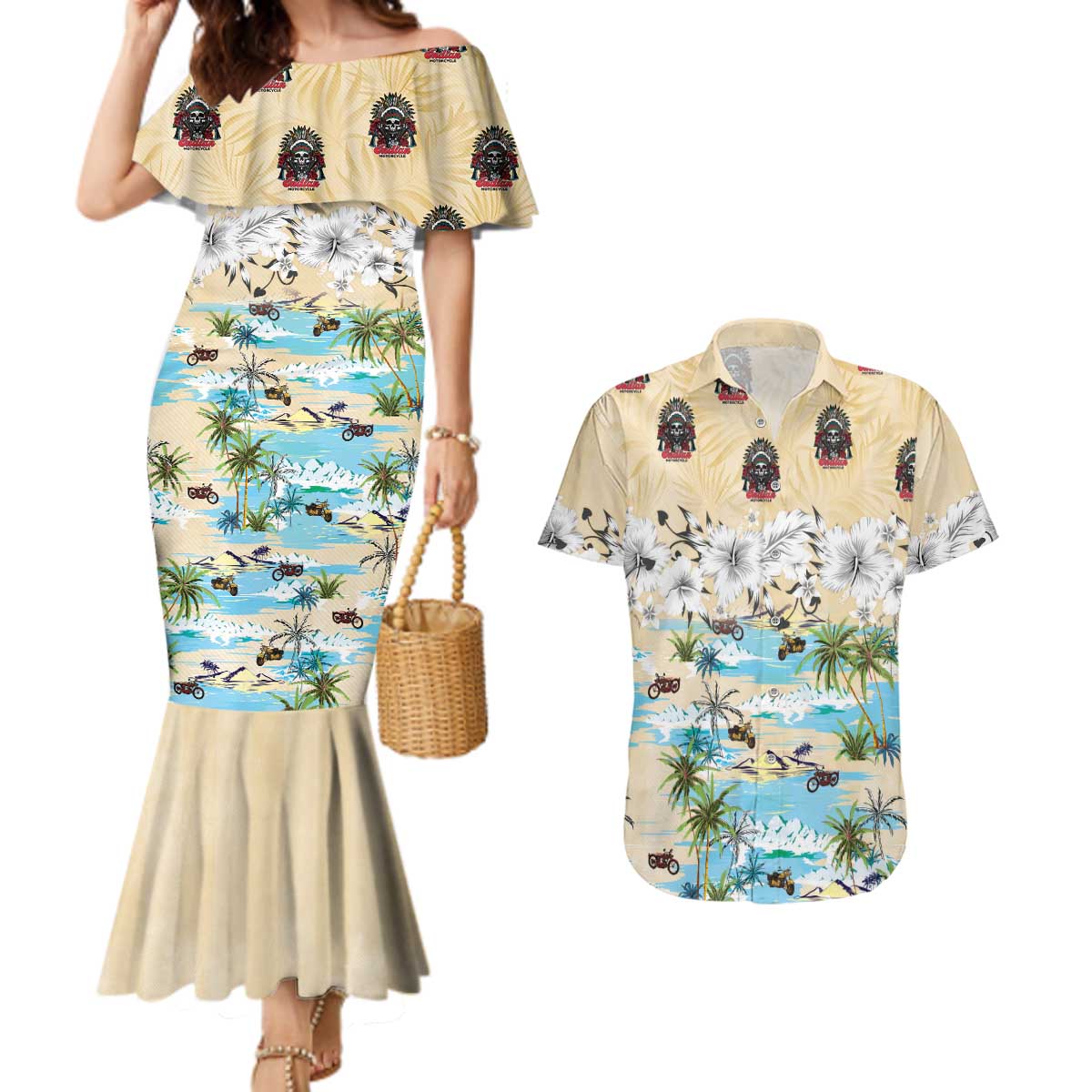 Indian Legendary Motorcycle Couples Matching Mermaid Dress and Hawaiian Shirt Tropical Style - Wonder Print Shop