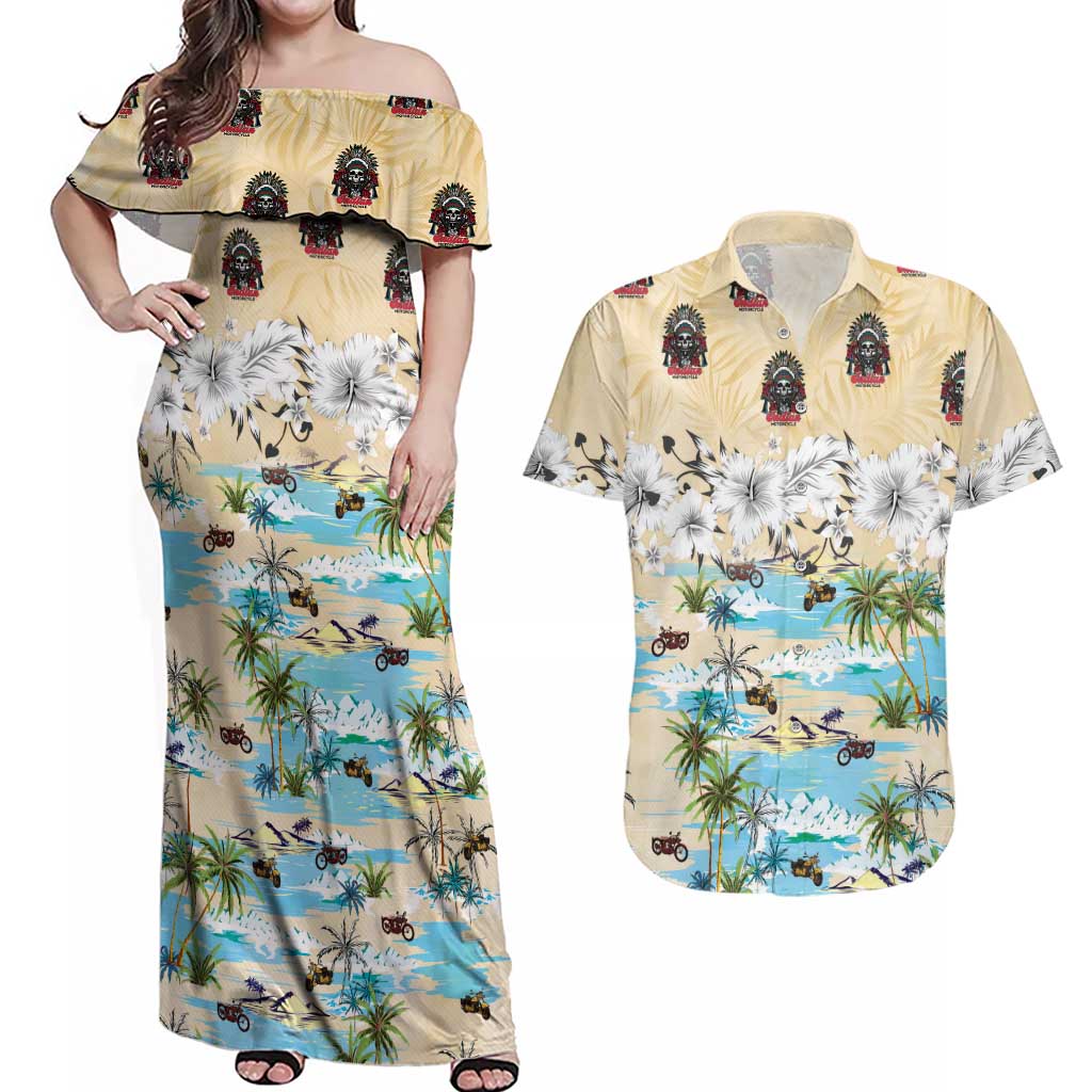 Indian Legendary Motorcycle Couples Matching Off Shoulder Maxi Dress and Hawaiian Shirt Tropical Style - Wonder Print Shop