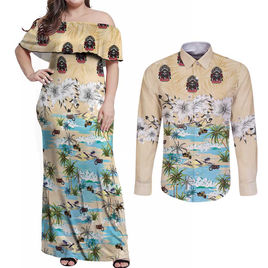 Indian Legendary Motorcycle Couples Matching Off Shoulder Maxi Dress and Long Sleeve Button Shirt Tropical Style - Wonder Print Shop