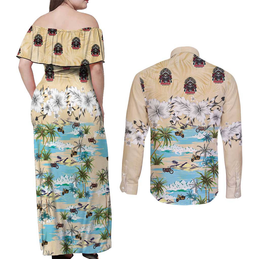 Indian Legendary Motorcycle Couples Matching Off Shoulder Maxi Dress and Long Sleeve Button Shirt Tropical Style - Wonder Print Shop
