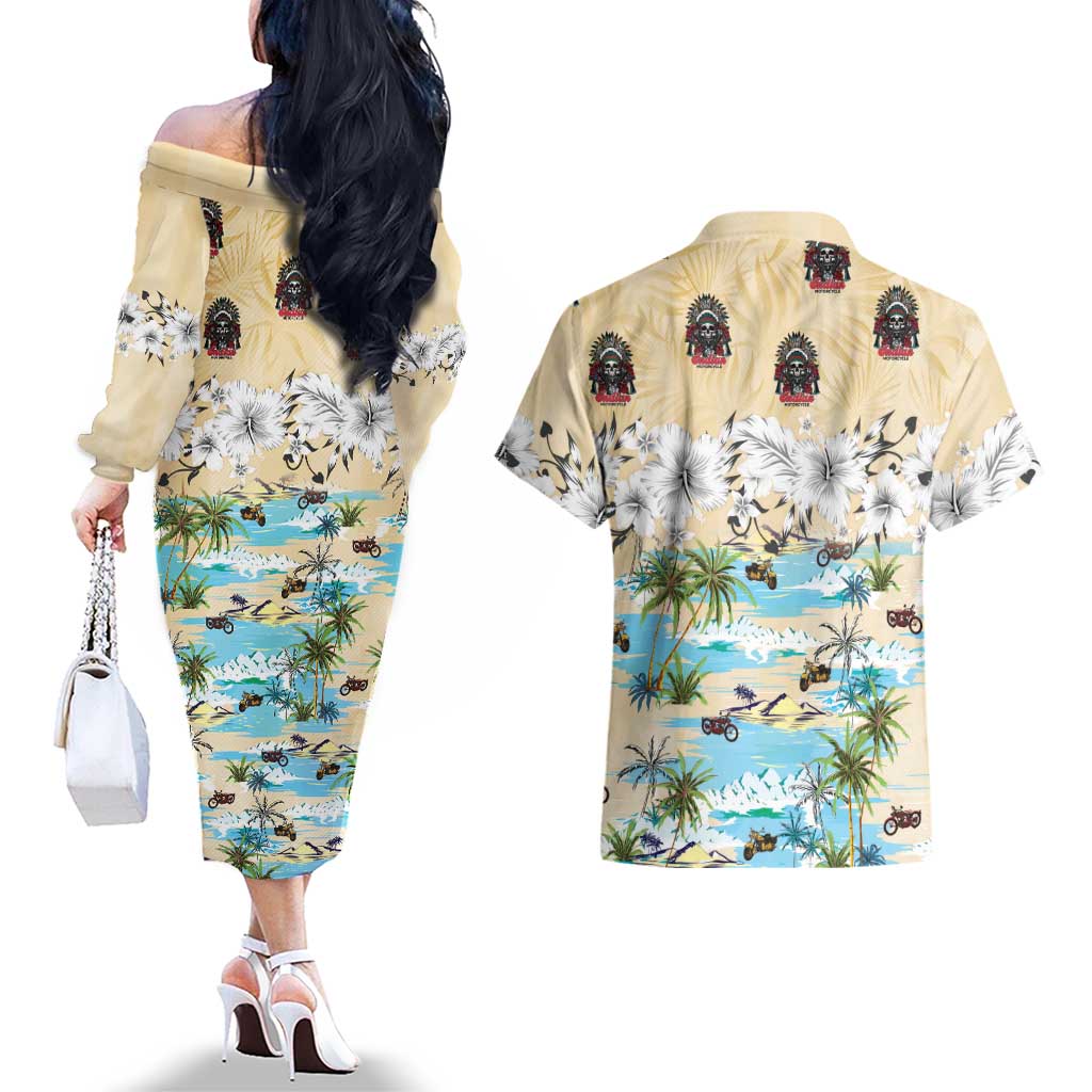 Indian Legendary Motorcycle Couples Matching Off The Shoulder Long Sleeve Dress and Hawaiian Shirt Tropical Style - Wonder Print Shop