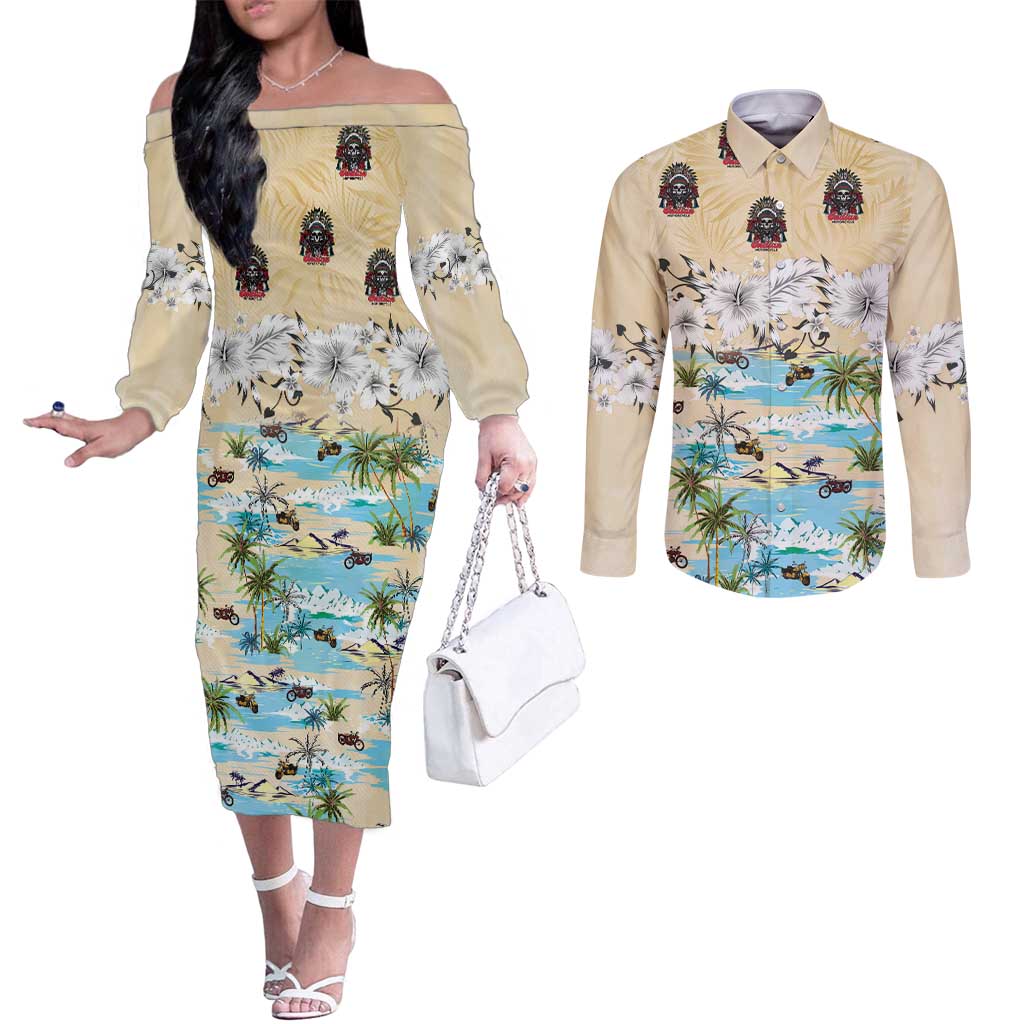 Indian Legendary Motorcycle Couples Matching Off The Shoulder Long Sleeve Dress and Long Sleeve Button Shirt Tropical Style - Wonder Print Shop