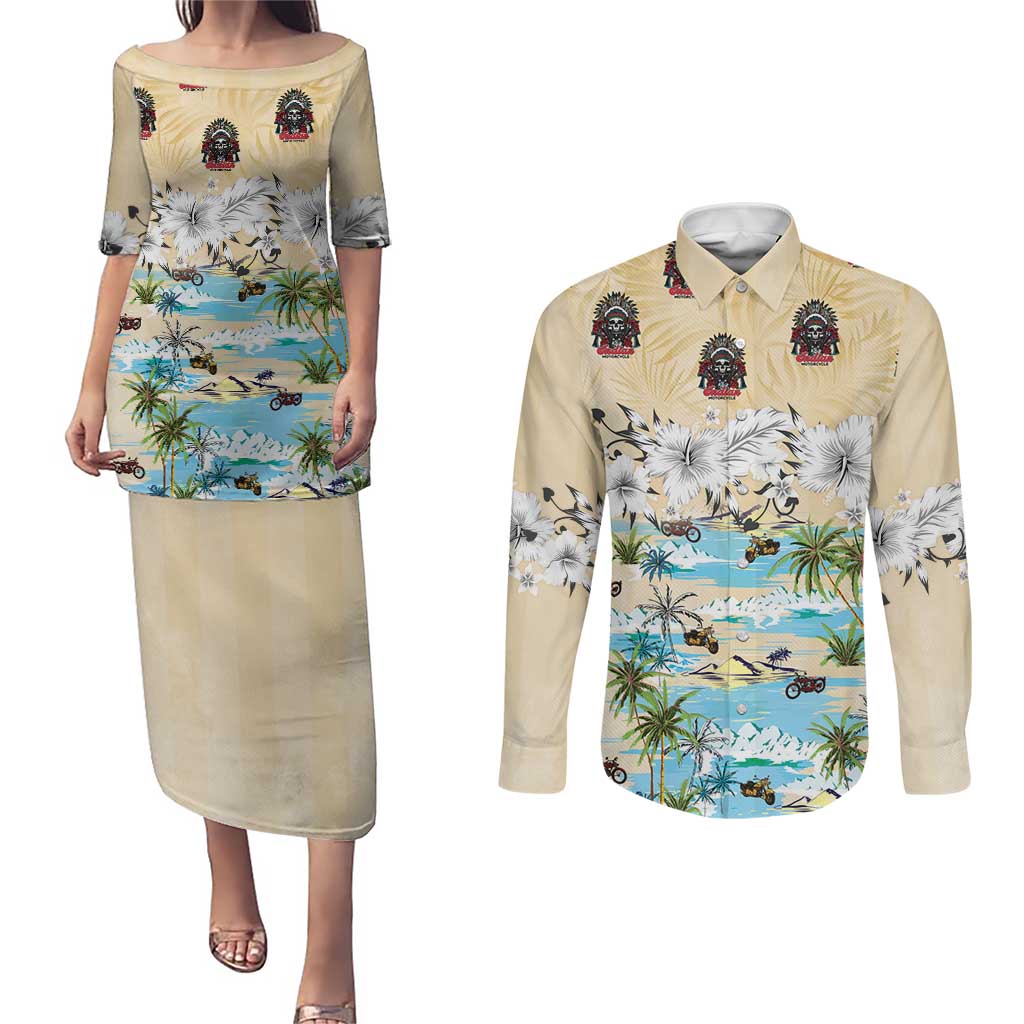 Indian Legendary Motorcycle Couples Matching Puletasi and Long Sleeve Button Shirt Tropical Style - Wonder Print Shop