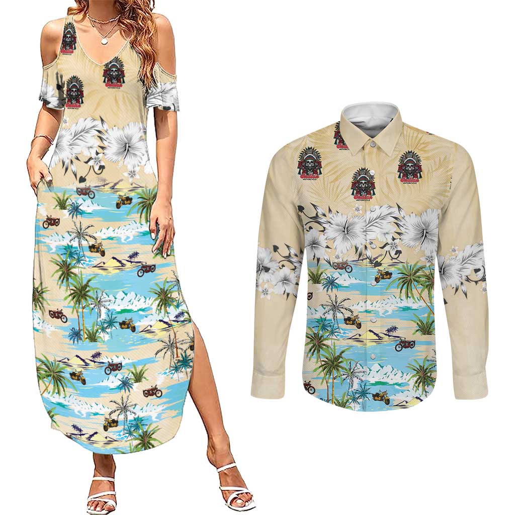 Indian Legendary Motorcycle Couples Matching Summer Maxi Dress and Long Sleeve Button Shirt Tropical Style - Wonder Print Shop