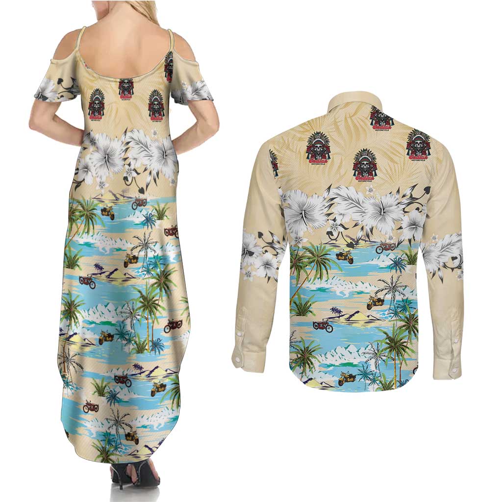 Indian Legendary Motorcycle Couples Matching Summer Maxi Dress and Long Sleeve Button Shirt Tropical Style - Wonder Print Shop