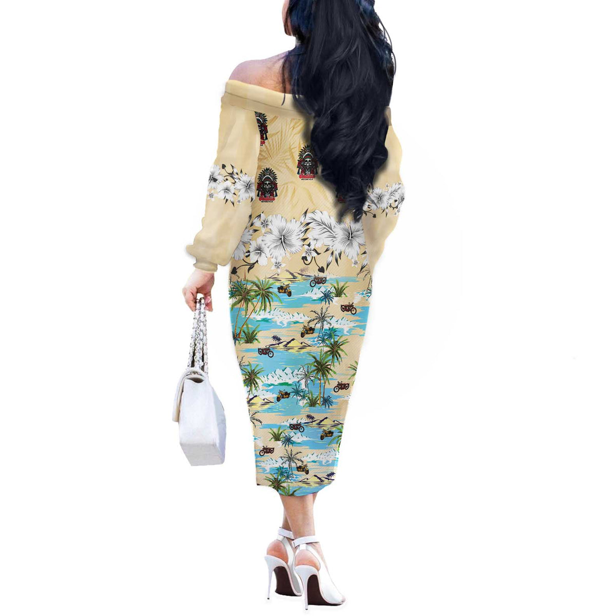 Indian Legendary Motorcycle Off The Shoulder Long Sleeve Dress Tropical Style - Wonder Print Shop