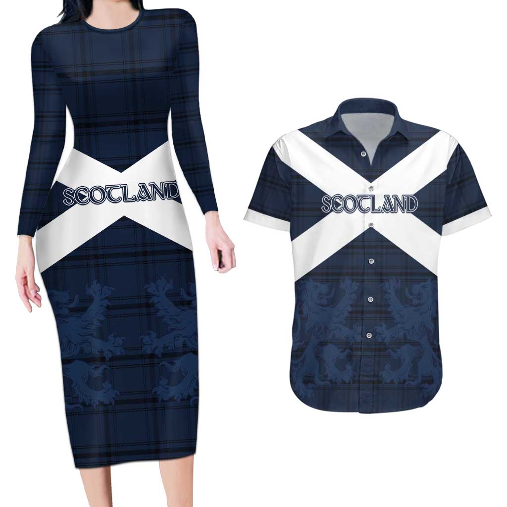 Custom Scotland Tartan Football Couples Matching Long Sleeve Bodycon Dress and Hawaiian Shirt Flag Style - Wonder Print Shop