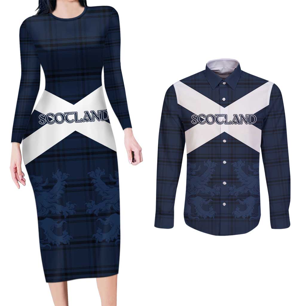 Custom Scotland Tartan Football Couples Matching Long Sleeve Bodycon Dress and Long Sleeve Button Shirt Flag Style - Wonder Print Shop