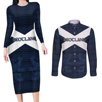 Custom Scotland Tartan Football Couples Matching Long Sleeve Bodycon Dress and Long Sleeve Button Shirt Flag Style - Wonder Print Shop