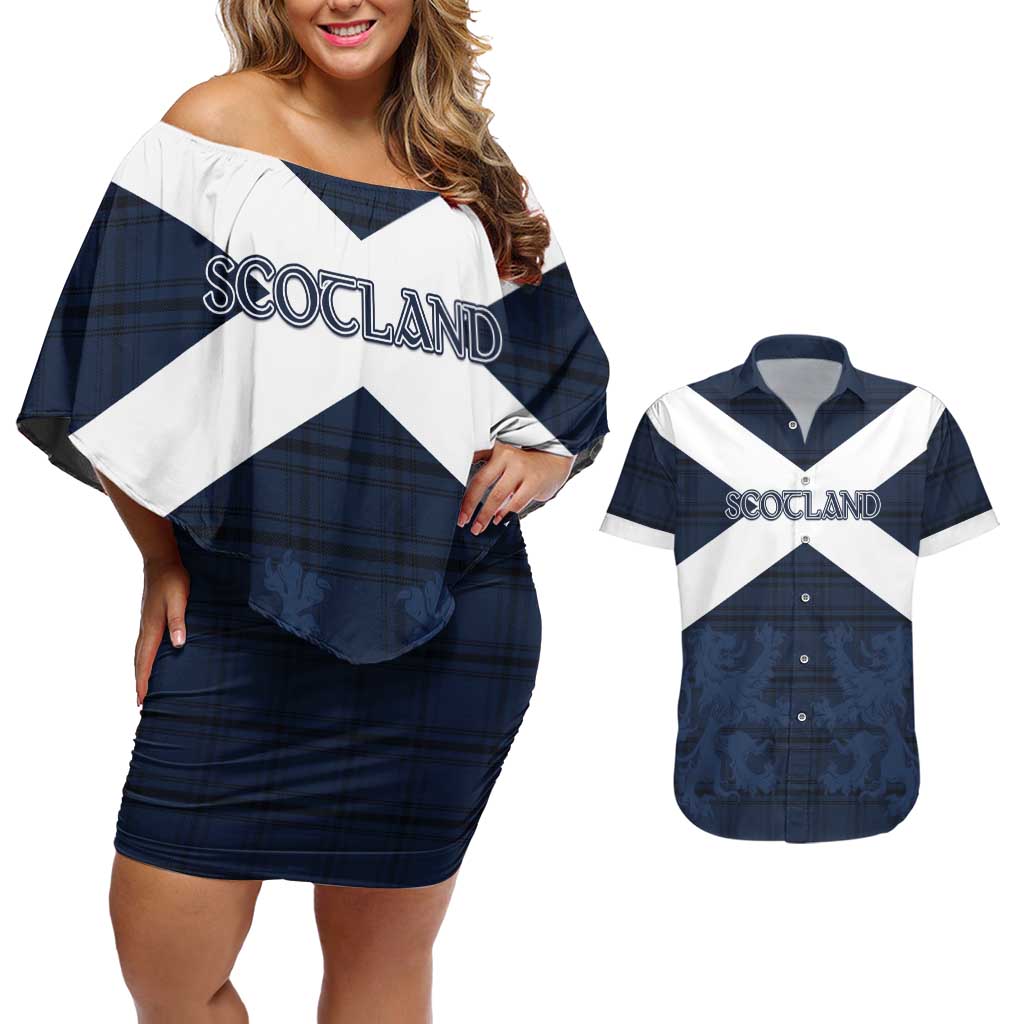 Custom Scotland Tartan Football Couples Matching Off Shoulder Short Dress and Hawaiian Shirt Flag Style - Wonder Print Shop