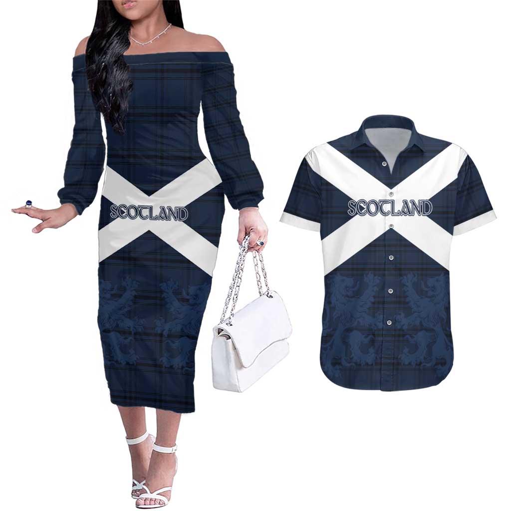 Custom Scotland Tartan Football Couples Matching Off The Shoulder Long Sleeve Dress and Hawaiian Shirt Flag Style - Wonder Print Shop