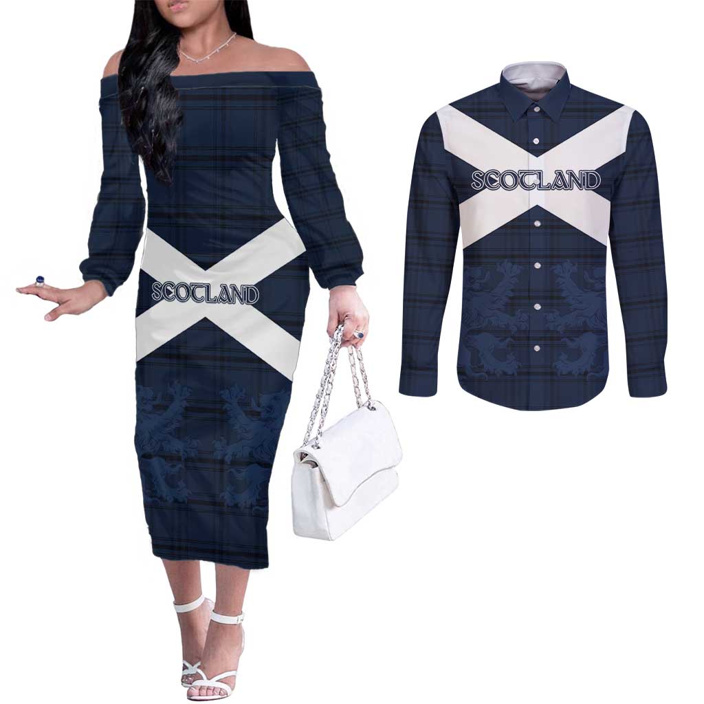 Custom Scotland Tartan Football Couples Matching Off The Shoulder Long Sleeve Dress and Long Sleeve Button Shirt Flag Style - Wonder Print Shop