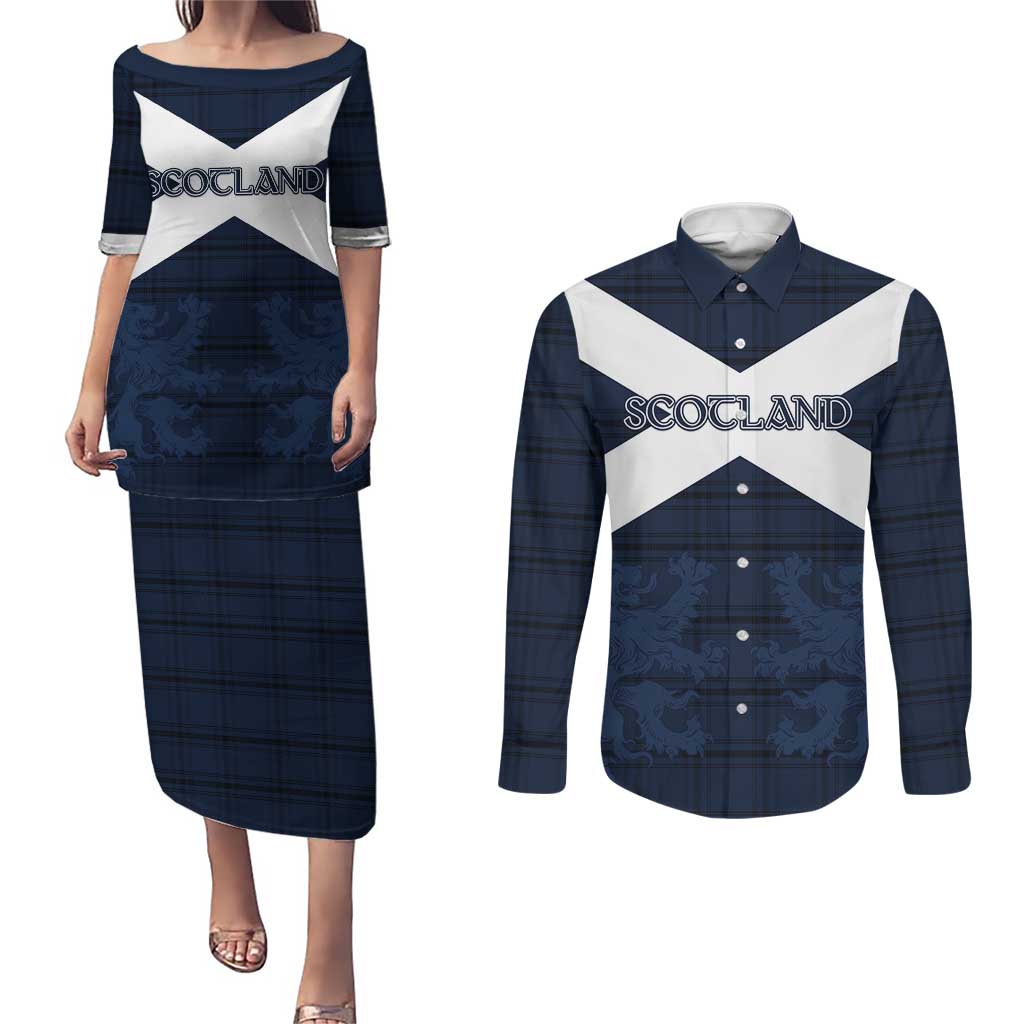Custom Scotland Tartan Football Couples Matching Puletasi and Long Sleeve Button Shirt Flag Style - Wonder Print Shop