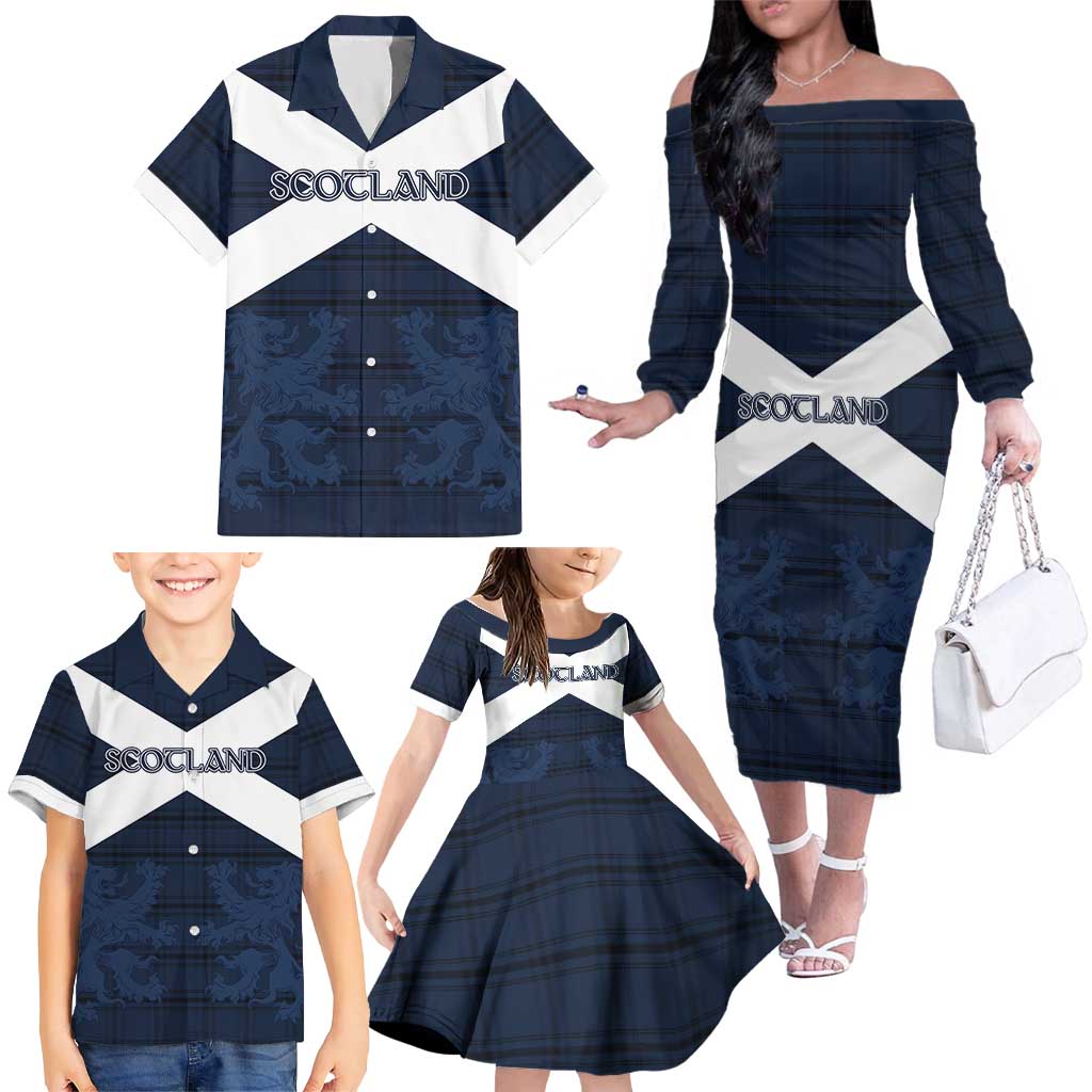Custom Scotland Tartan Football Family Matching Off The Shoulder Long Sleeve Dress and Hawaiian Shirt Flag Style - Wonder Print Shop