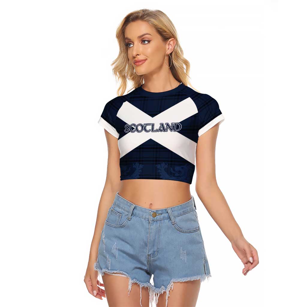 Custom Scotland Tartan Football Raglan Cropped T Shirt Flag Style - Wonder Print Shop